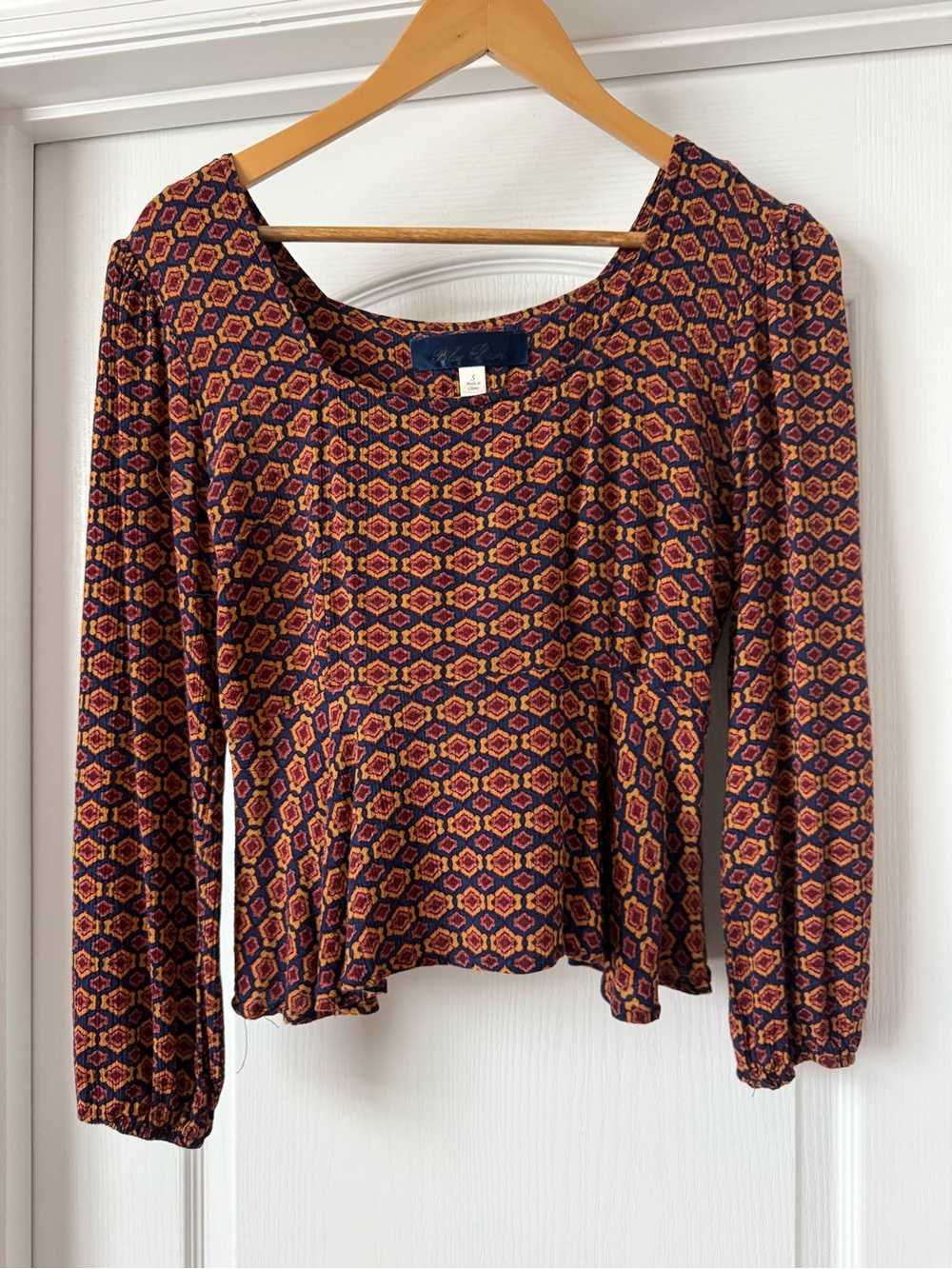 Blue Rain Geometric Print Peplum Top Size Small Long Sleeve